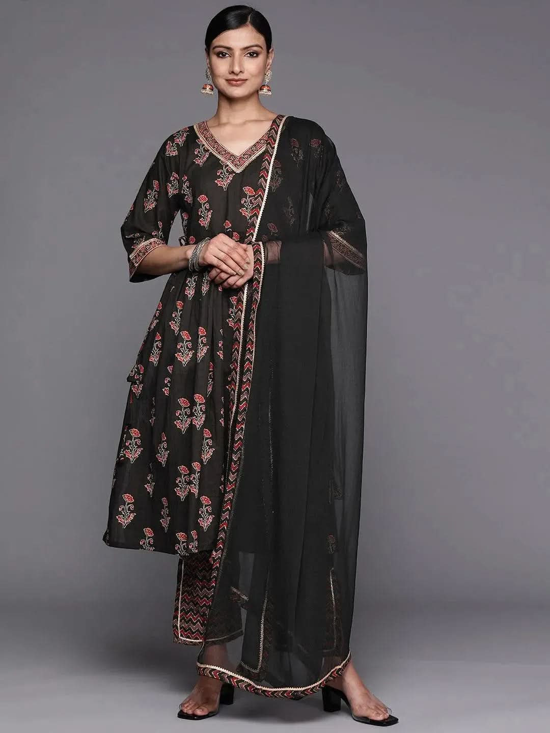 Black Printed Cotton A-Line Suit Set With Trousers - Libas