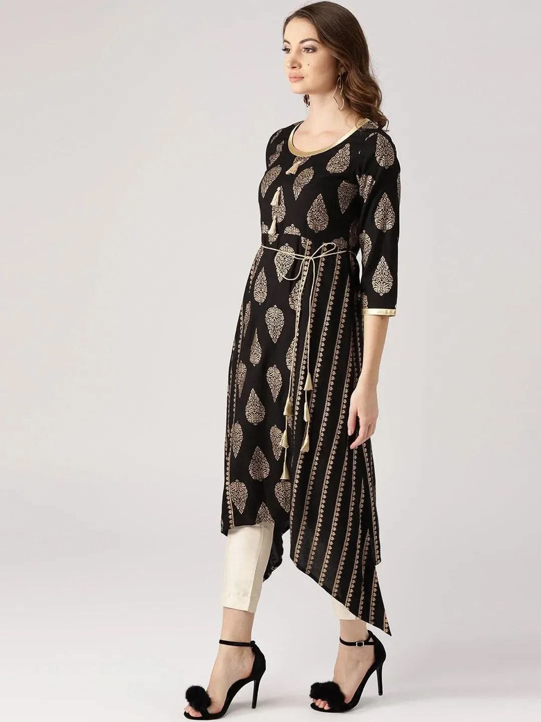 Black Printed Cotton Kurta - Libas