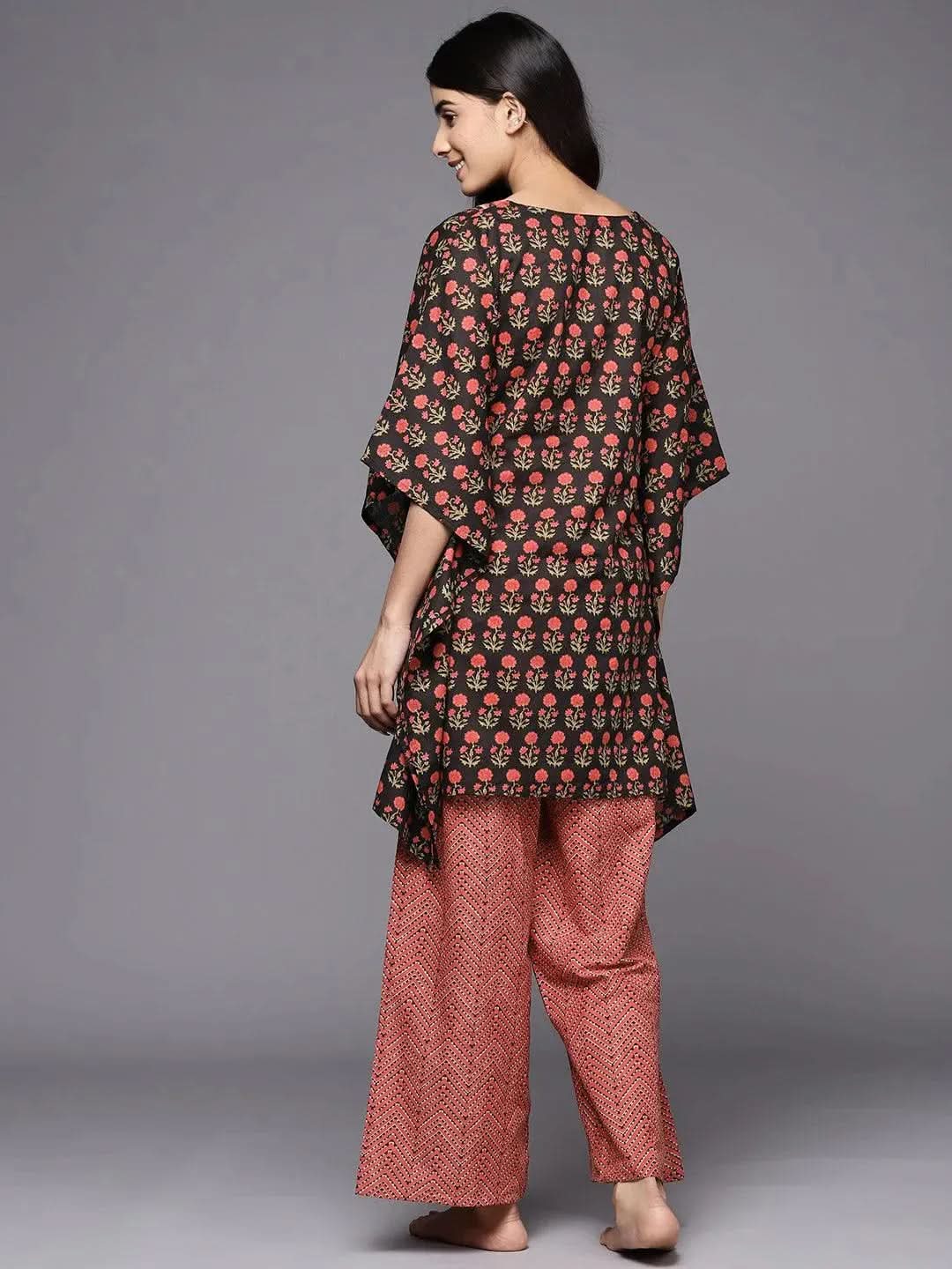 Black Printed Cotton Night Suit - Libas