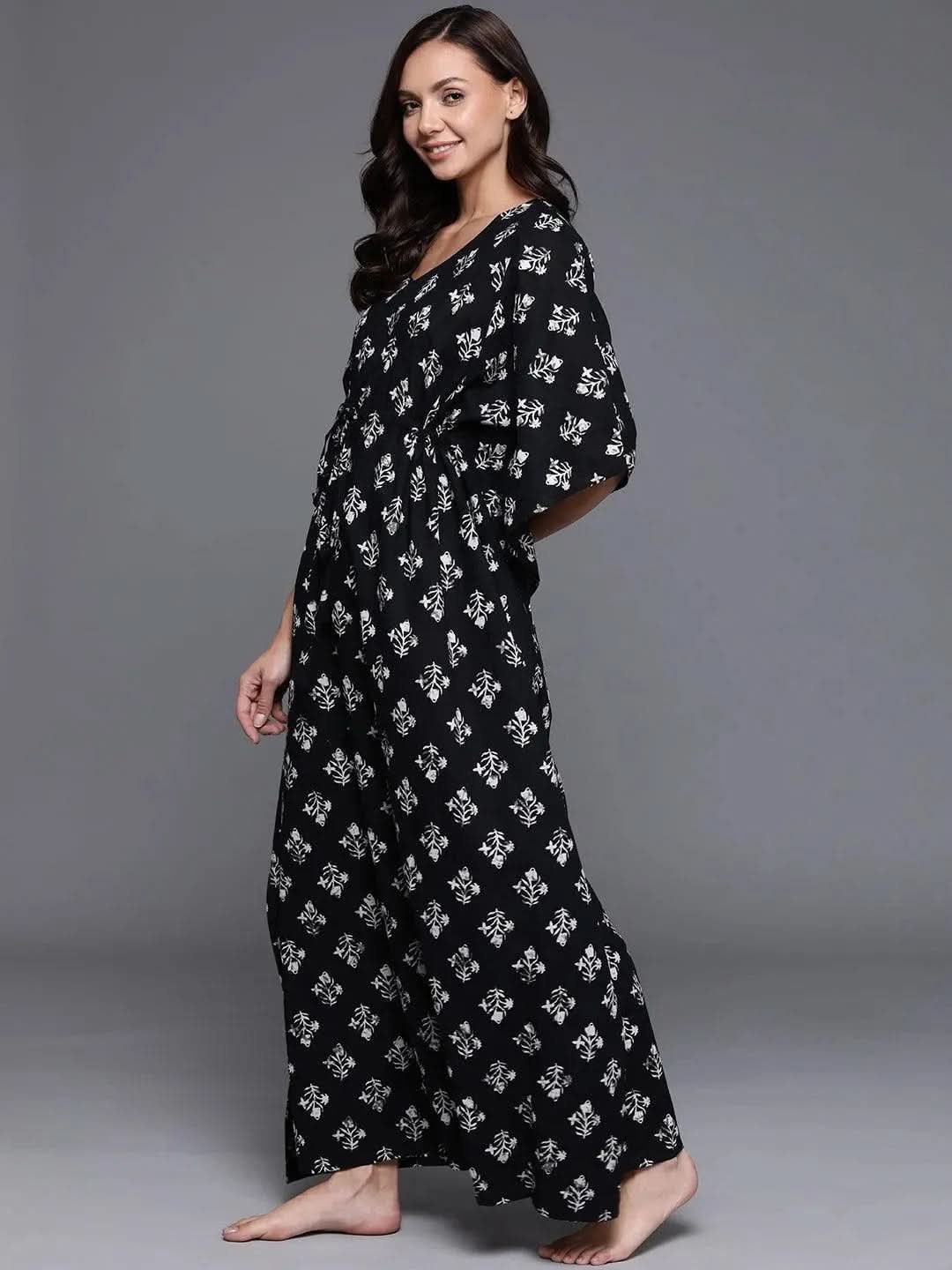 Black Printed Cotton Nightdress - Libas