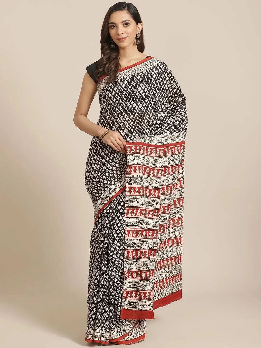 Black Printed Cotton Saree - Libas