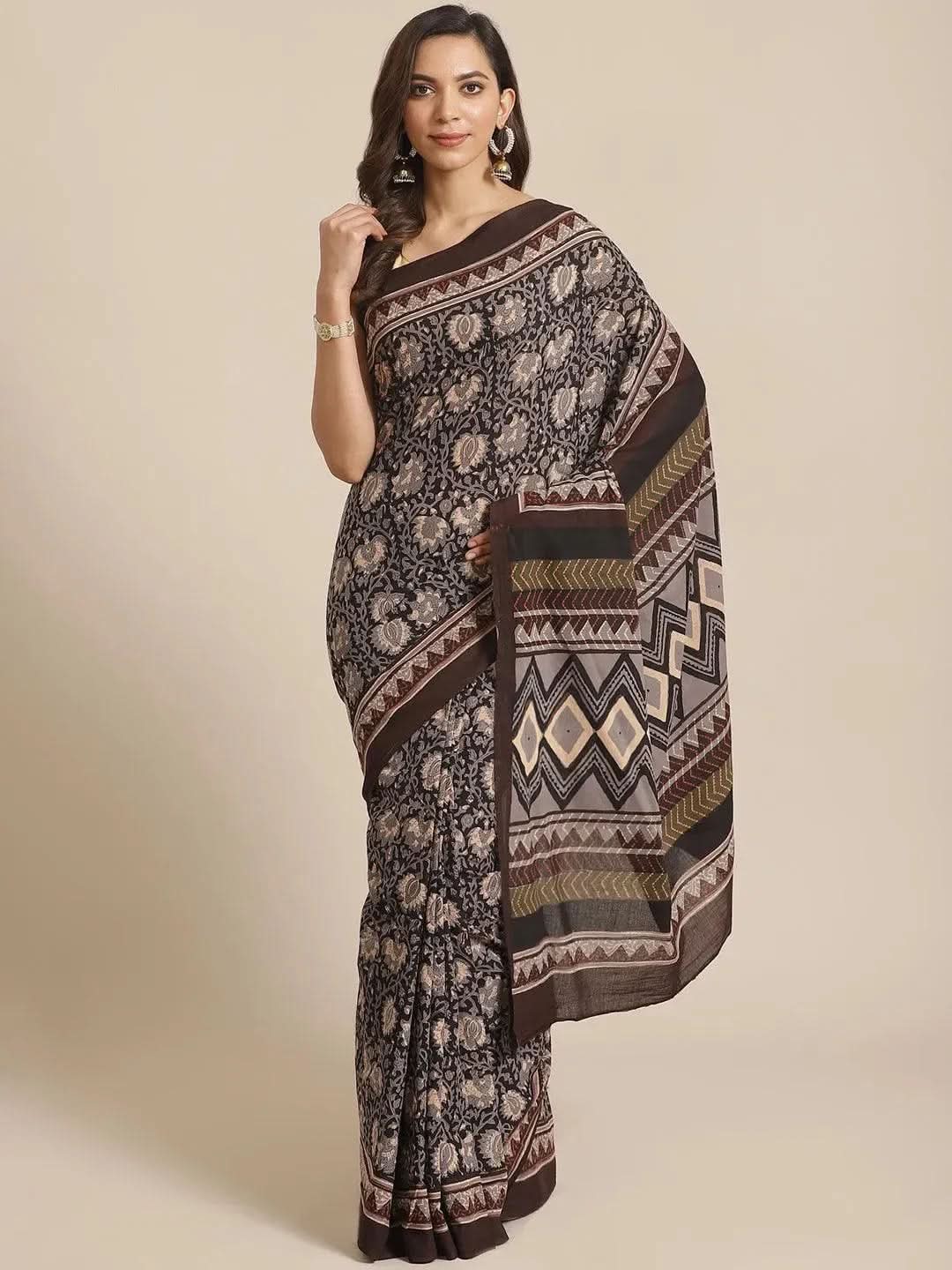 Black Printed Cotton Saree - Libas