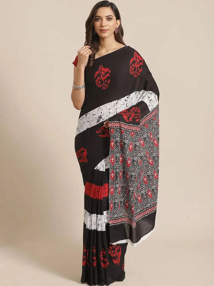 Black Printed Cotton Saree - Libas