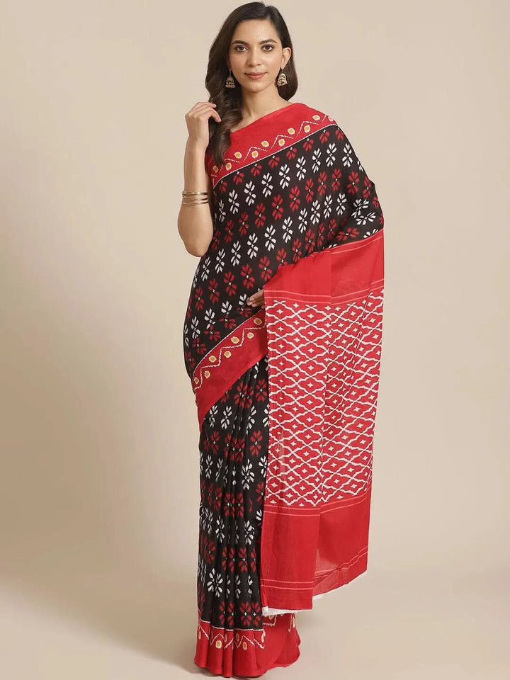 Black Printed Cotton Saree - Libas