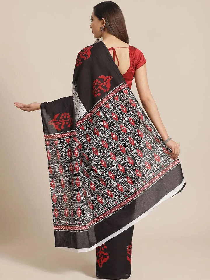 Black Printed Cotton Saree - Libas