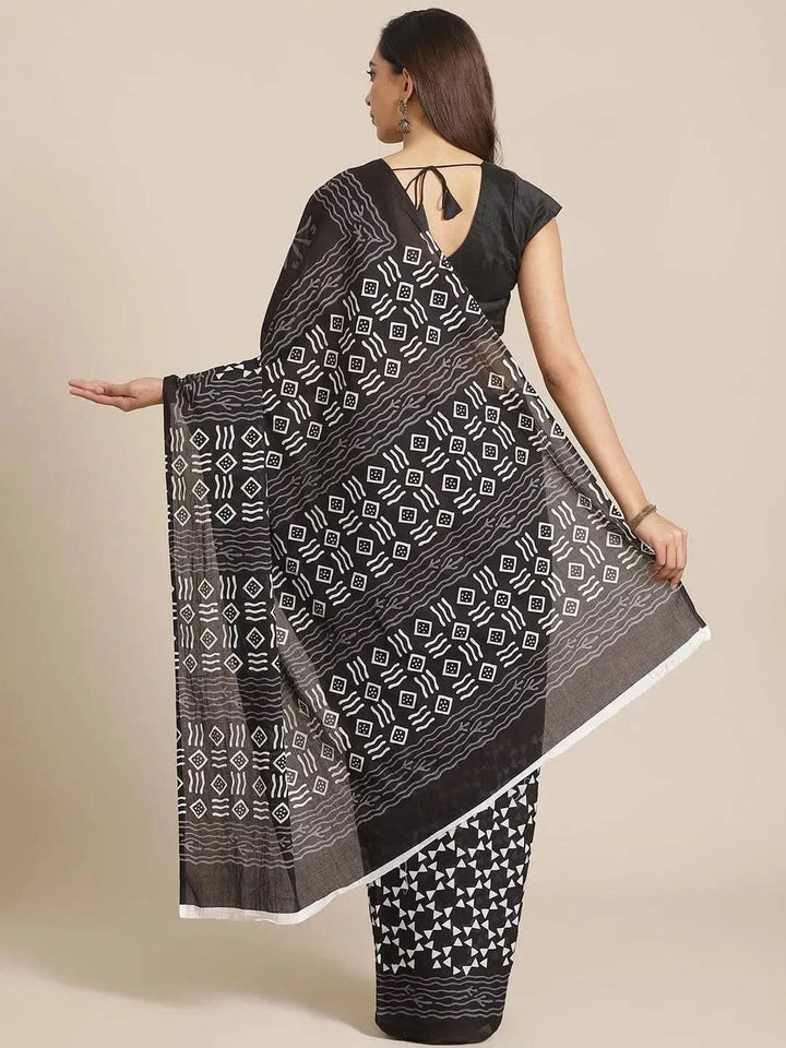 Black Printed Cotton Saree - Libas