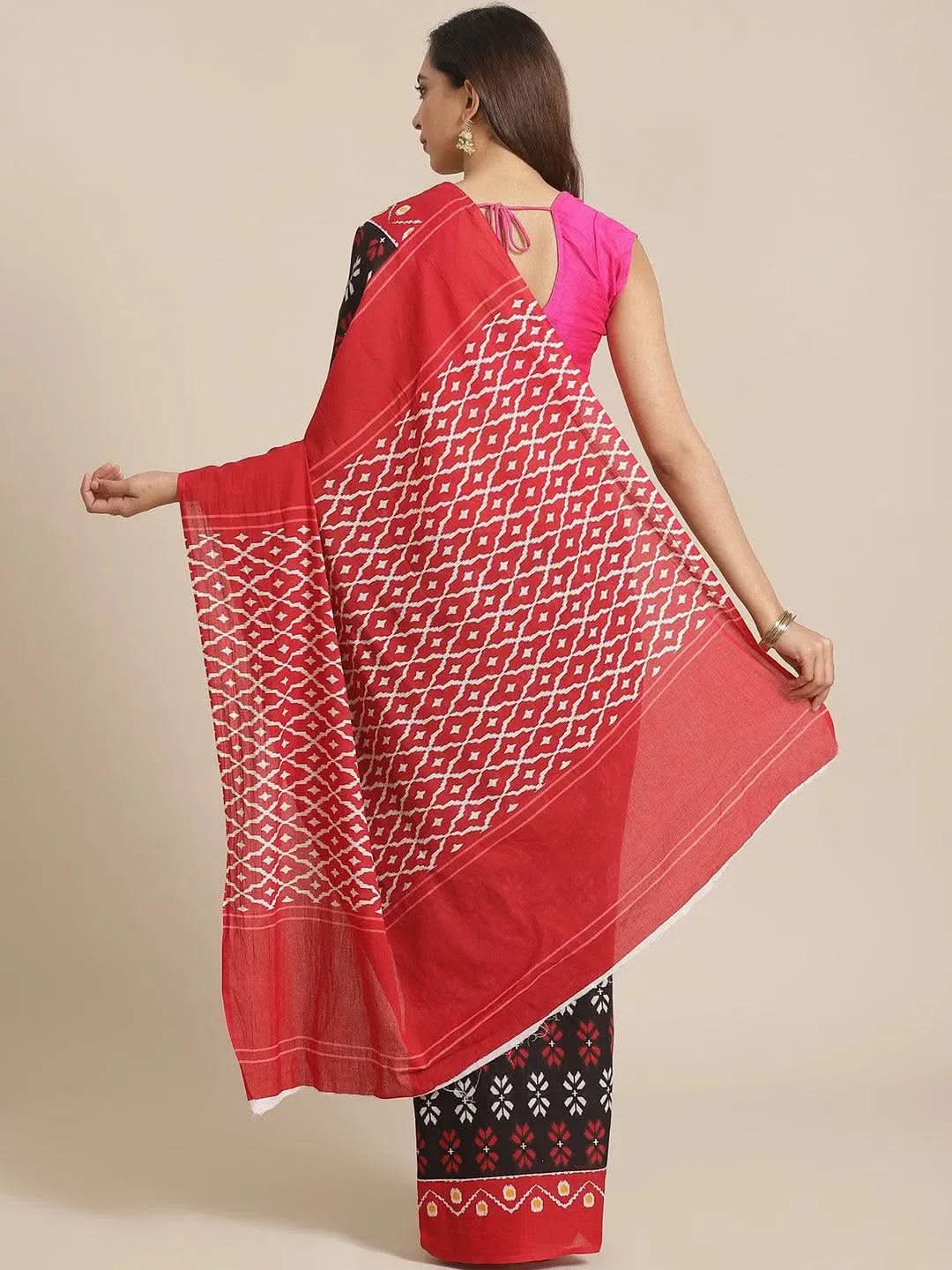 Black Printed Cotton Saree - Libas