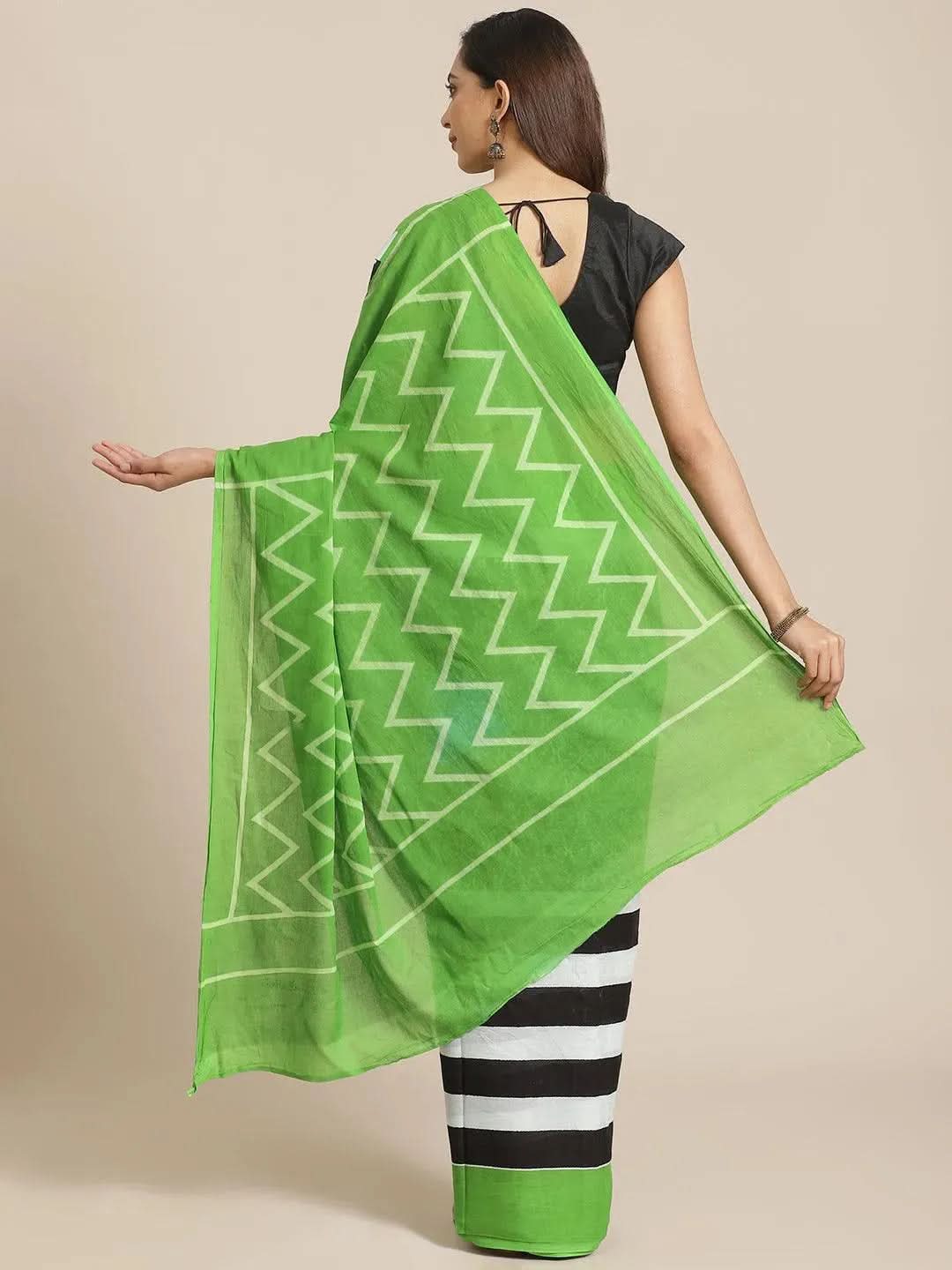 Black Printed Cotton Saree - Libas