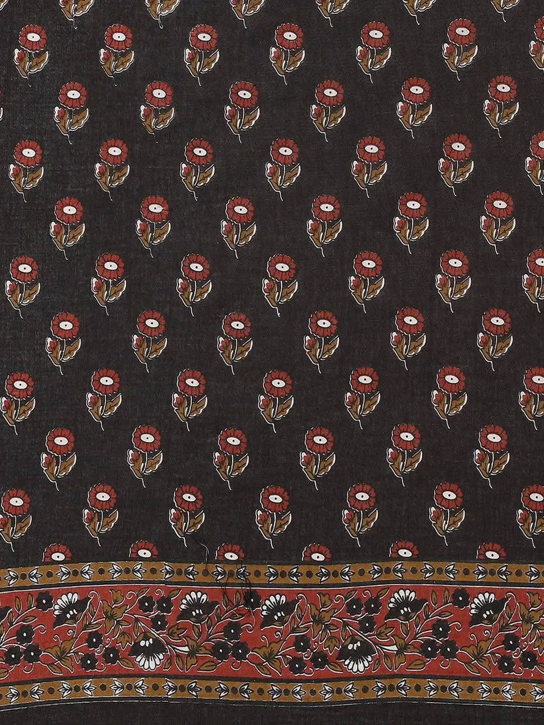 Black Printed Cotton Saree - Libas