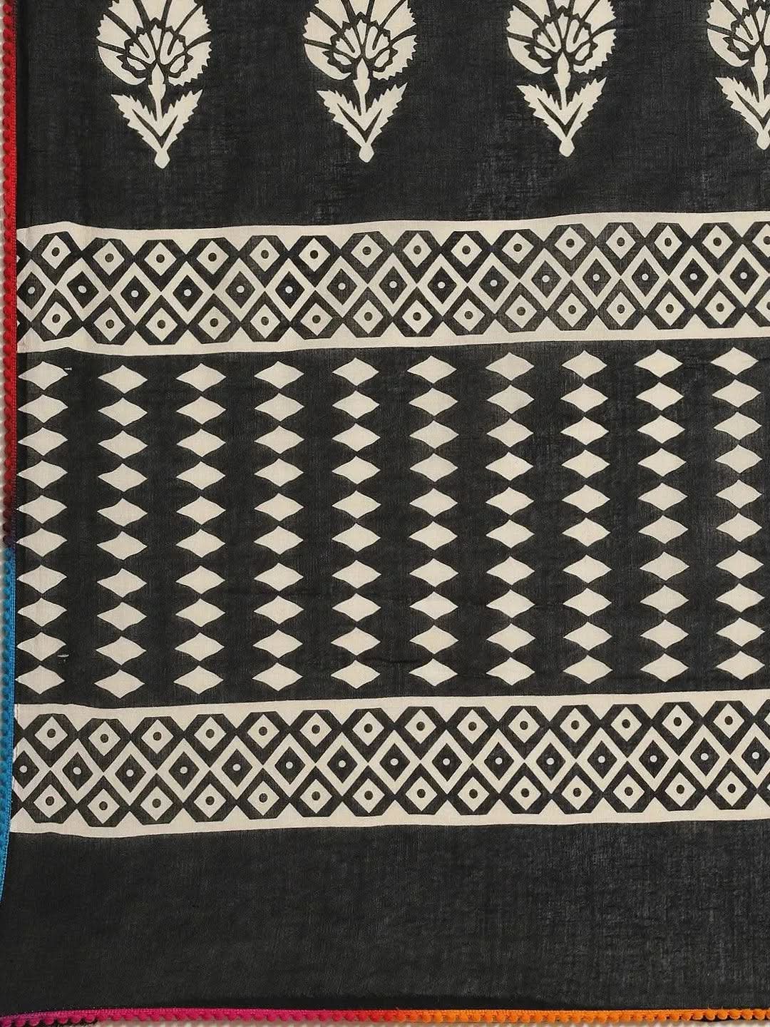 Black Printed Cotton Saree - Libas