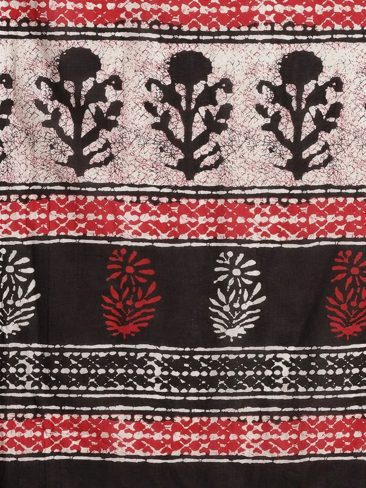 Black Printed Cotton Saree - Libas