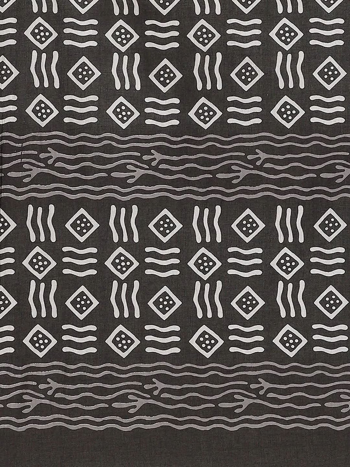 Black Printed Cotton Saree - Libas