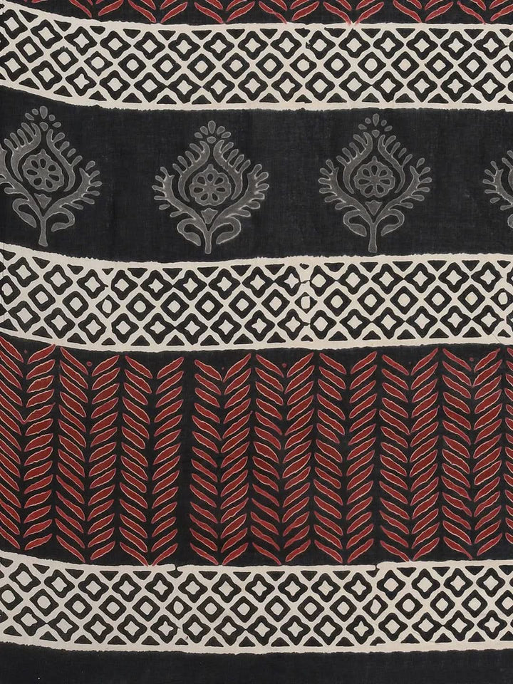 Black Printed Cotton Saree - Libas