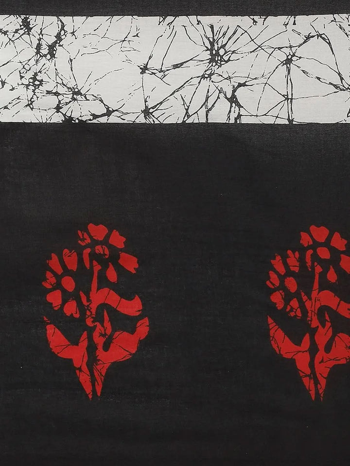 Black Printed Cotton Saree - Libas