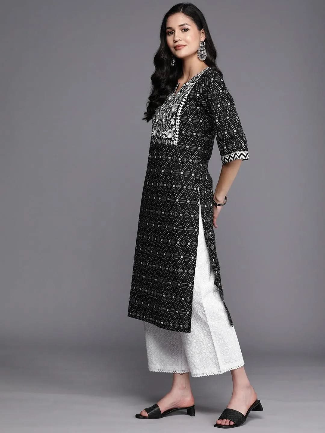 Black Printed Cotton Straight Kurta - Libas