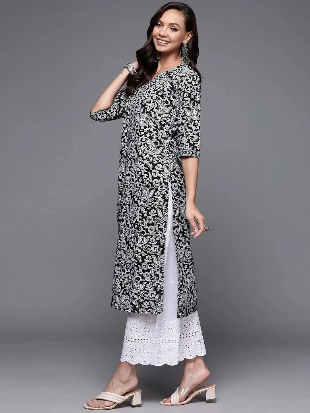 Black Printed Cotton Straight Kurta - Libas