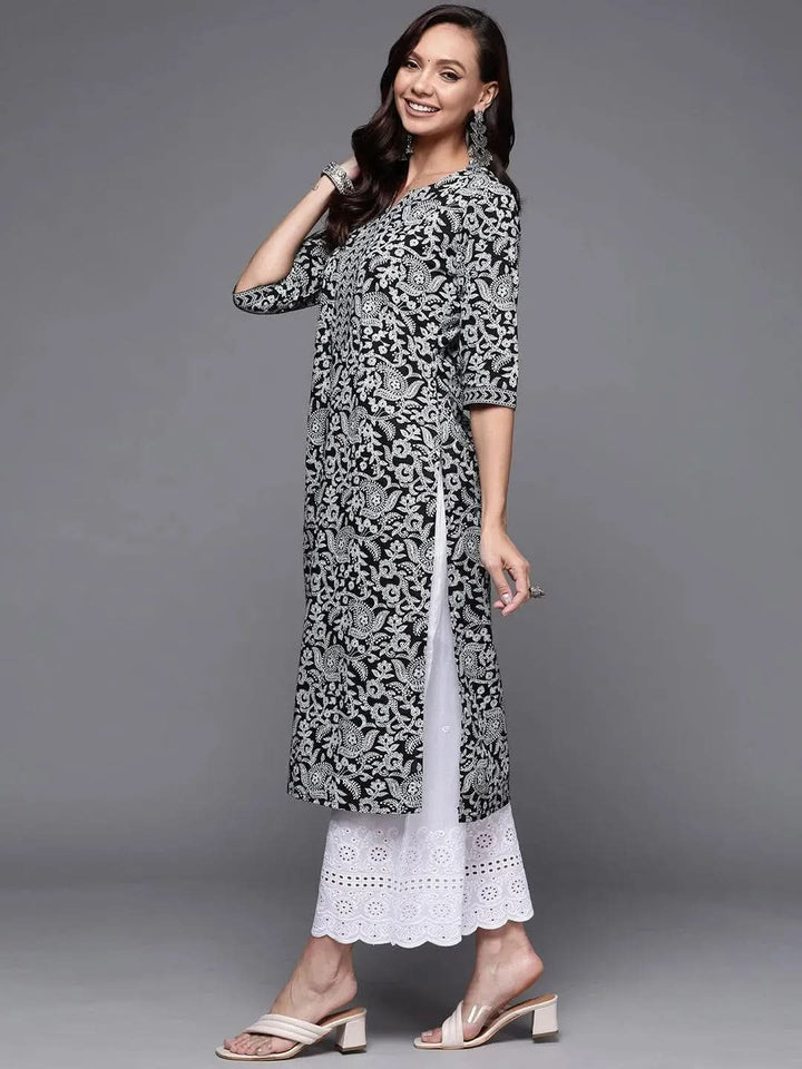 Black Printed Cotton Straight Kurta - Libas