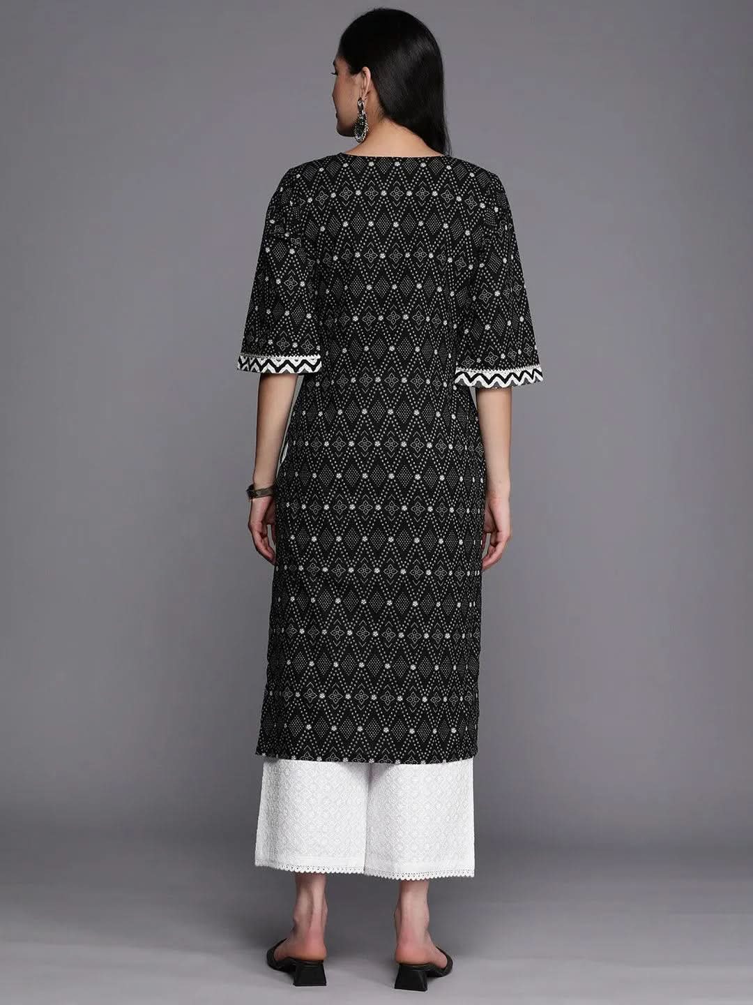 Black Printed Cotton Straight Kurta - Libas
