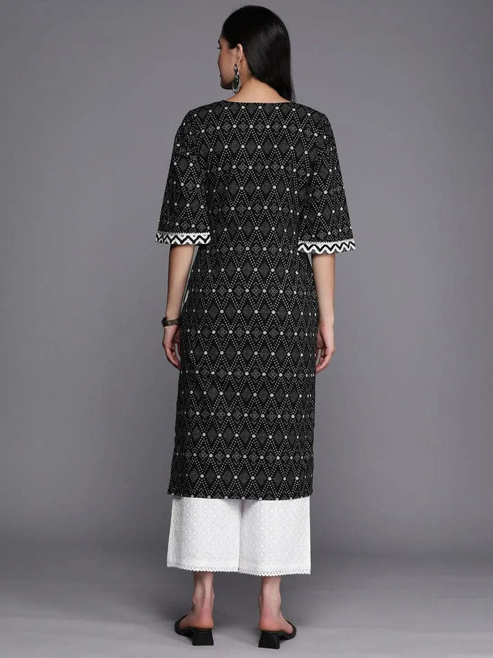Black Printed Cotton Straight Kurta - Libas
