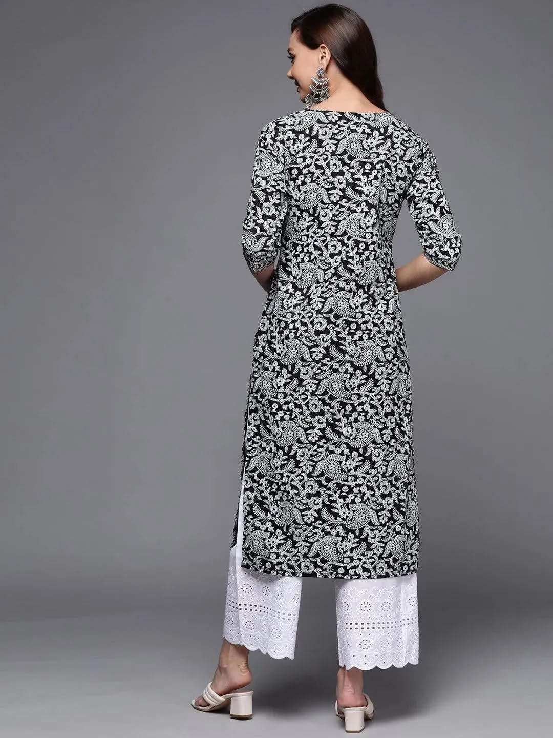 Black Printed Cotton Straight Kurta - Libas