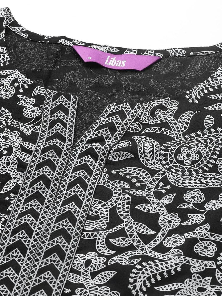 Black Printed Cotton Straight Kurta - Libas