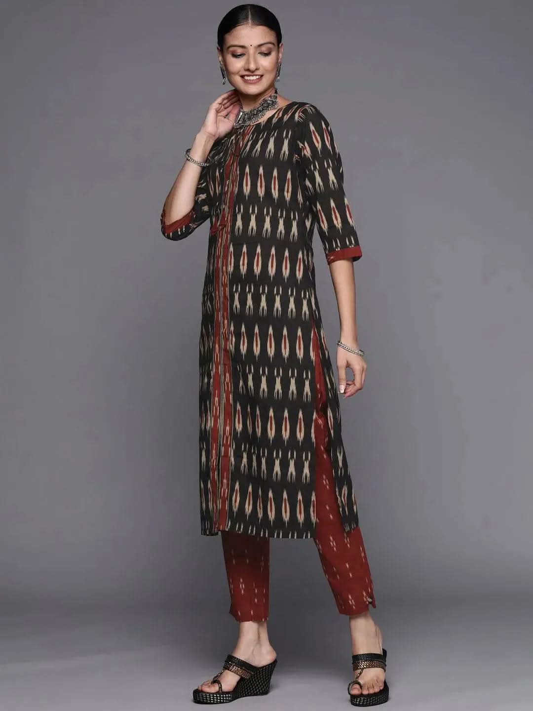 Black Printed Cotton Straight Suit Set - Libas