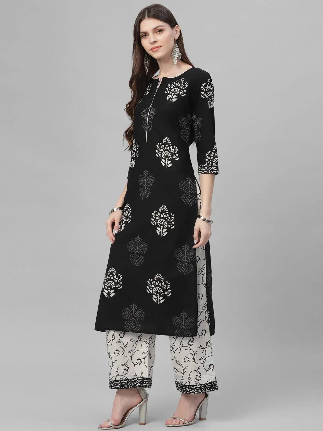 Black Printed Cotton Straight Kurta With Palazzos & Dupatta
Black Printed Cotton Straight Kurta With Palazzos & Dupatta