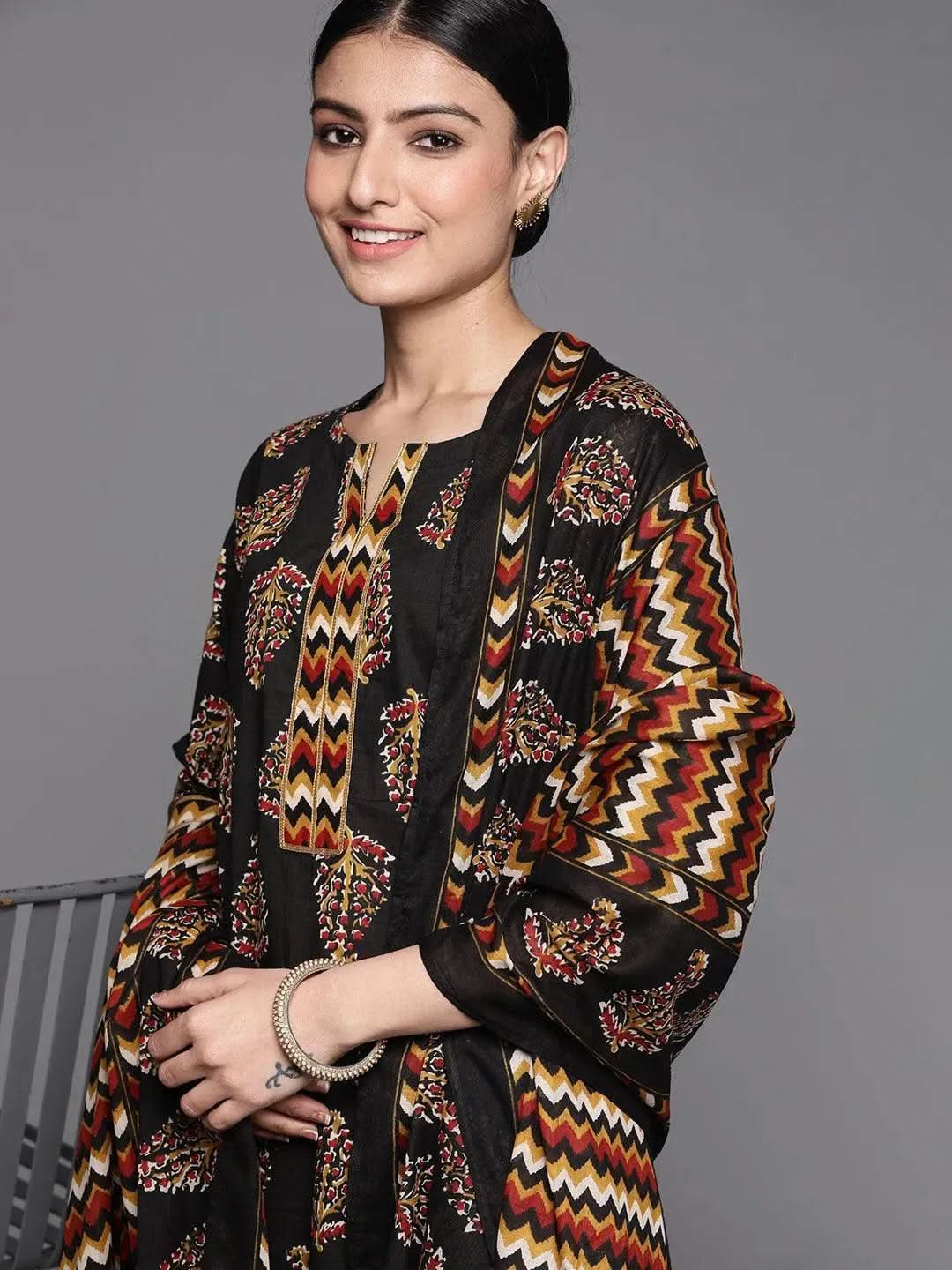 Black Printed Cotton Suit Set - Libas
