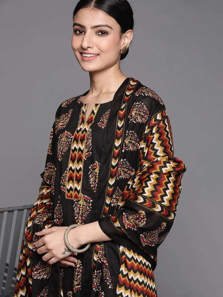 Black Printed Cotton Suit Set - Libas