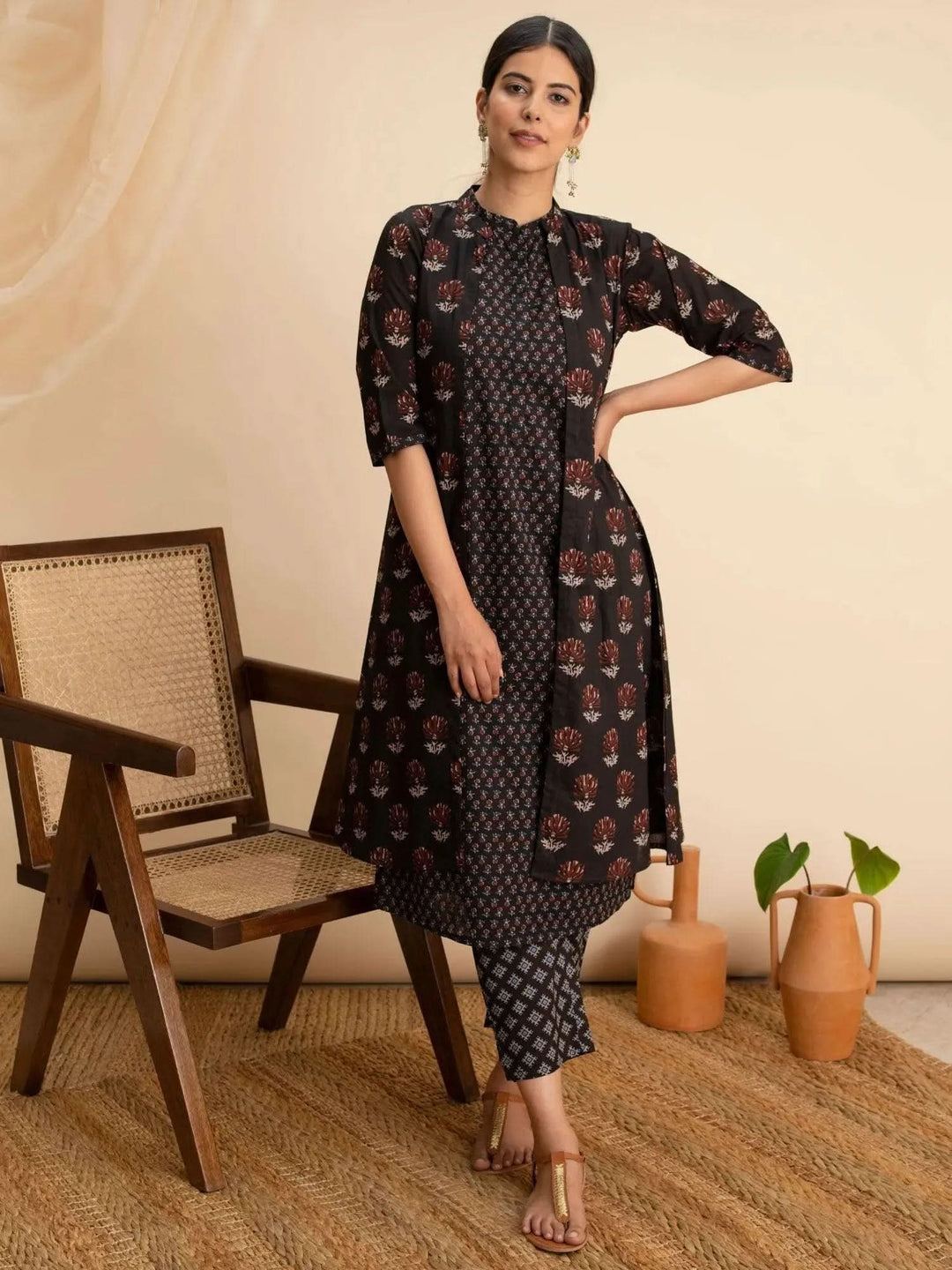 Black Printed Cotton Kurta Set With Shrug - Libas