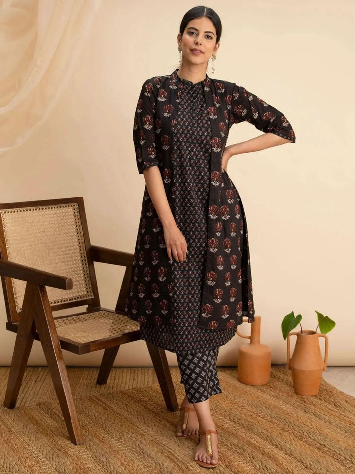 Black Printed Cotton Kurta Set With Shrug - Libas