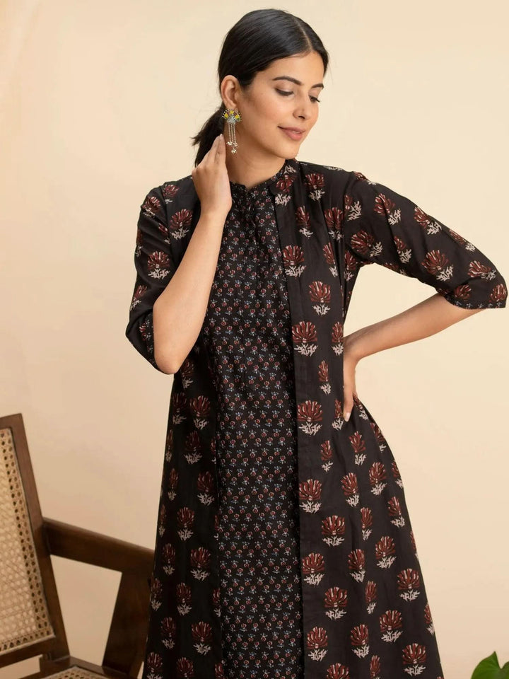 Black Printed Cotton Kurta Set With Shrug - Libas