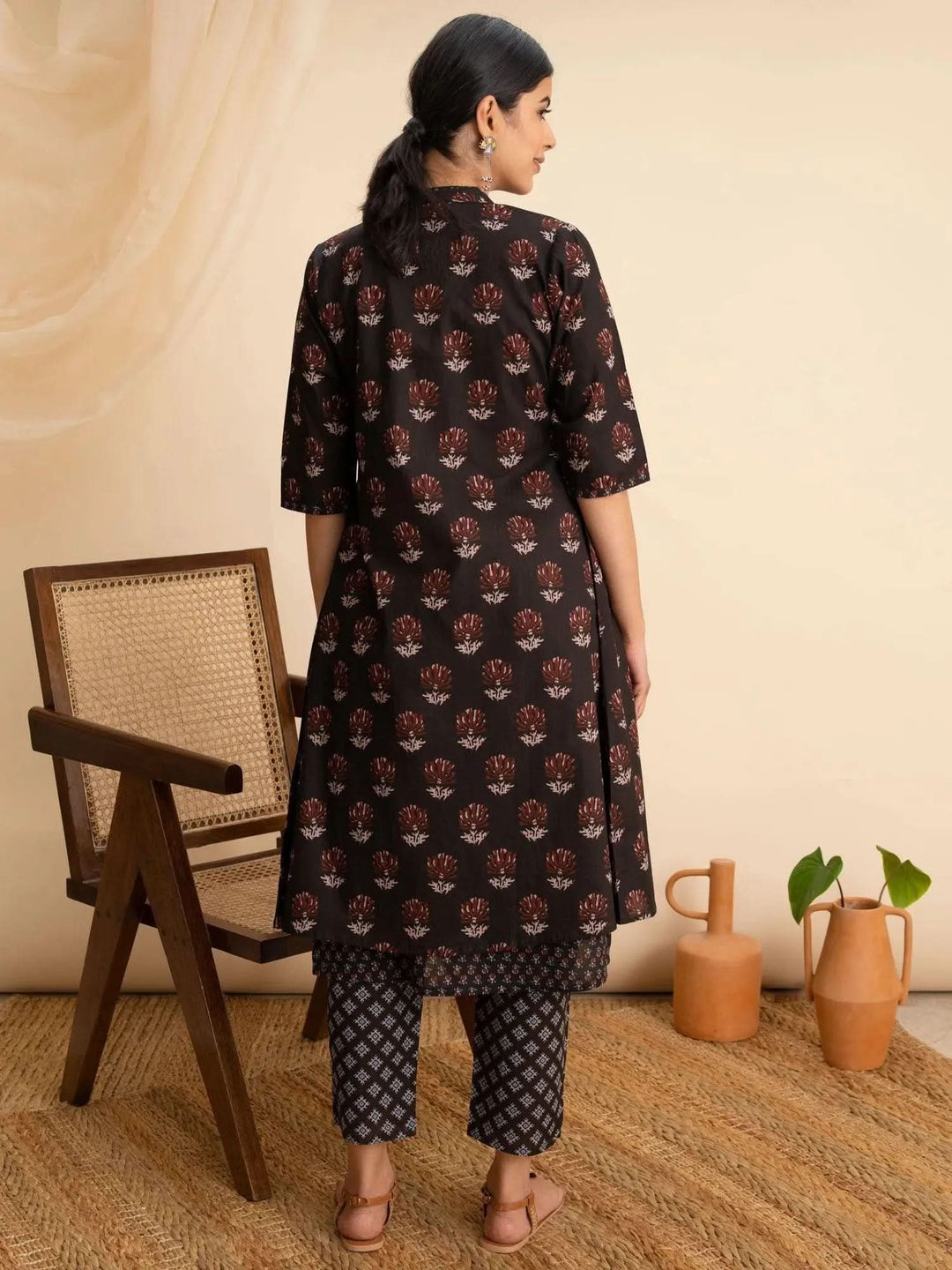 Black Printed Cotton Kurta Set With Shrug - Libas