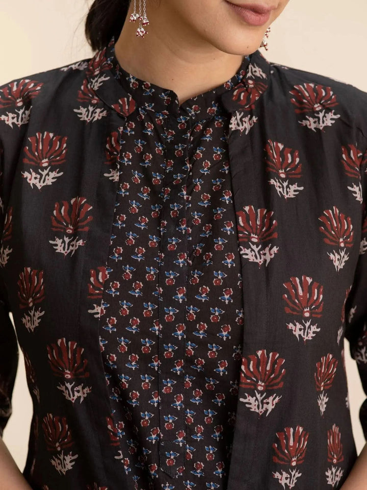 Black Printed Cotton Kurta Set With Shrug - Libas