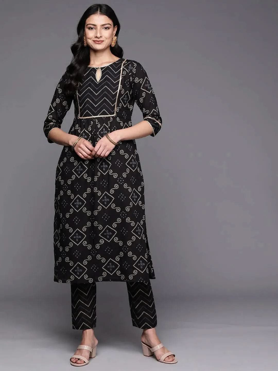 Black Printed Cotton Straight Kurta Set With Trousers - Libas