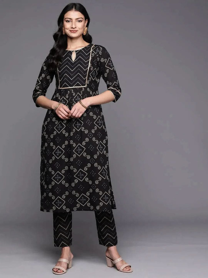 Black Printed Cotton Straight Kurta Set With Trousers - Libas