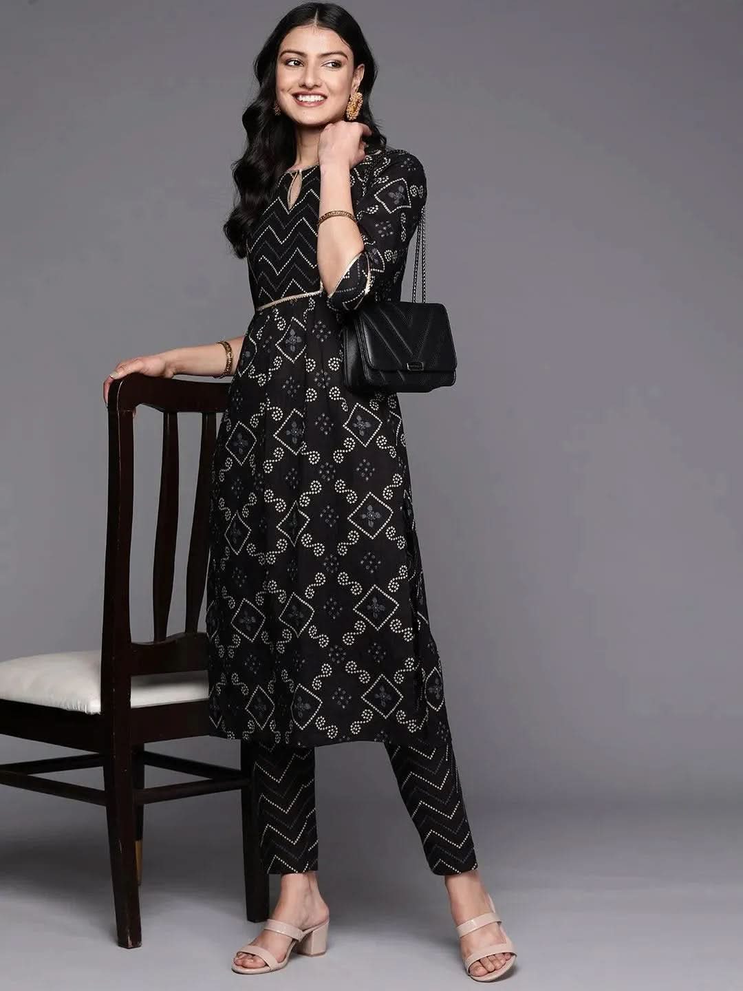 Black Printed Cotton Straight Kurta Set With Trousers - Libas