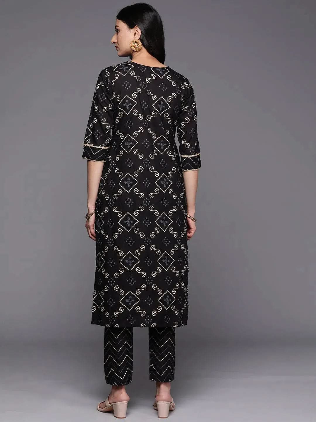 Black Printed Cotton Straight Kurta Set With Trousers - Libas