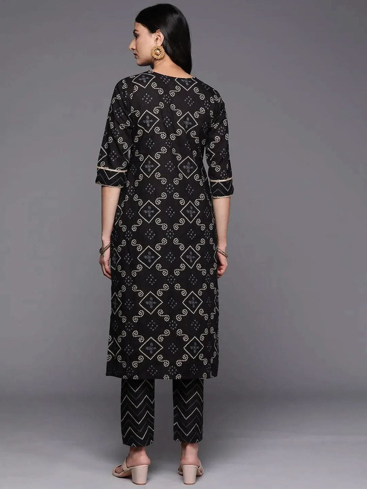 Black Printed Cotton Straight Kurta Set With Trousers - Libas