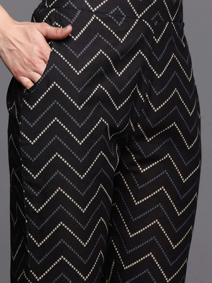 Black Printed Cotton Straight Kurta Set With Trousers - Libas