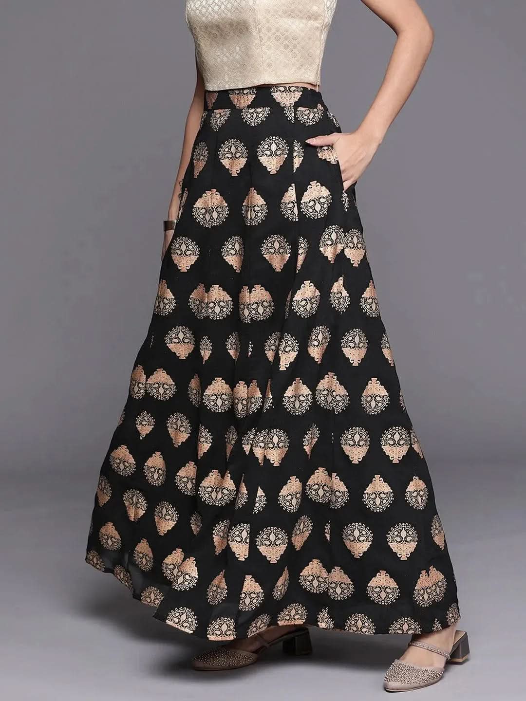 Black Printed Georgette Skirt - Libas