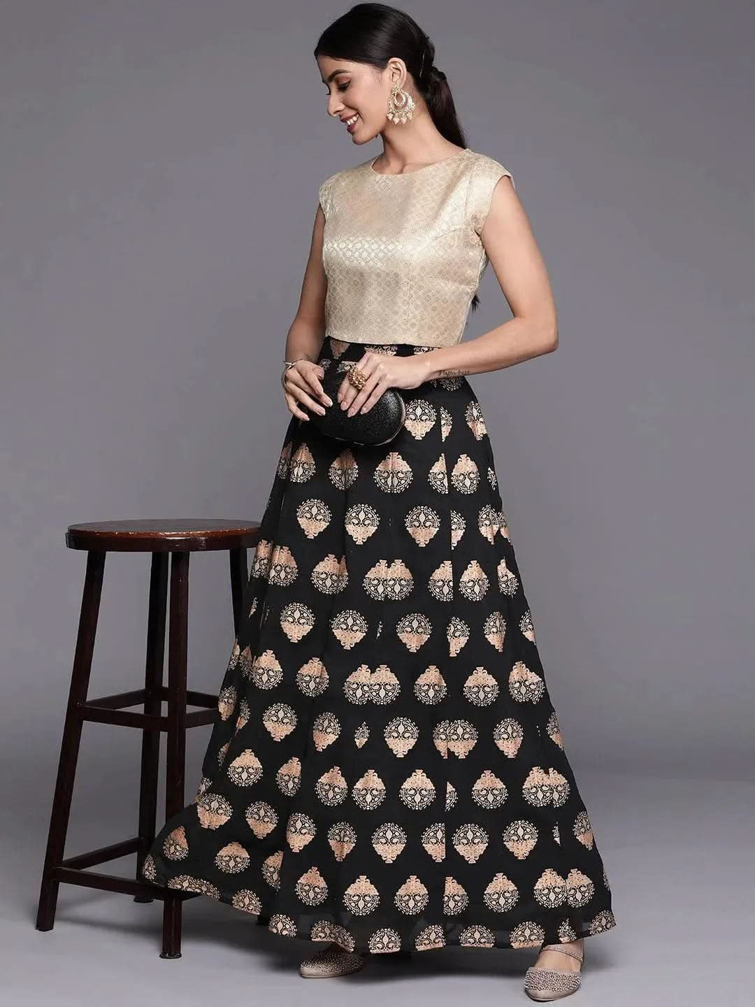 Black Printed Georgette Skirt - Libas