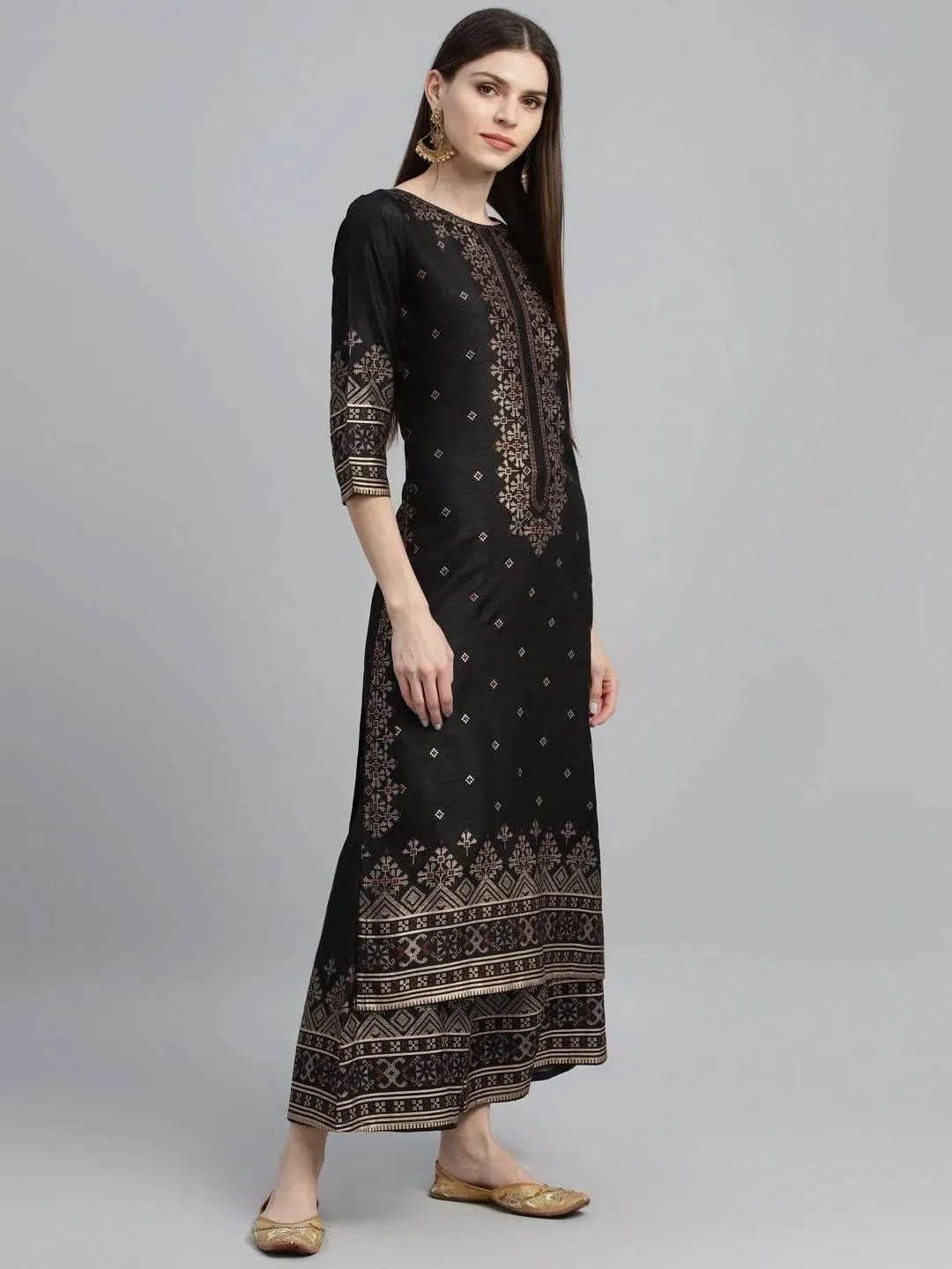 Black Printed Polyester Kurta Set - Libas