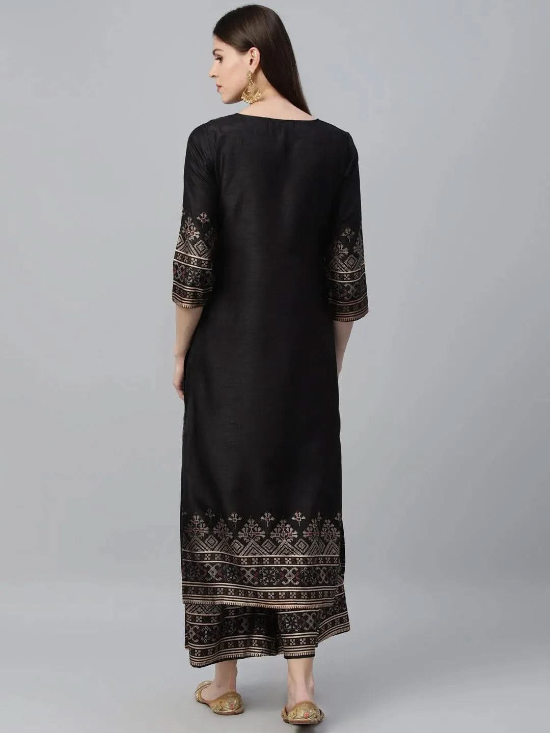 Black Printed Polyester Kurta Set - Libas
