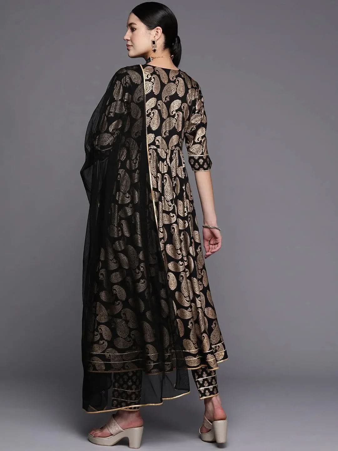 Black Printed Rayon Anarkali Suit Set With Trousers - Libas