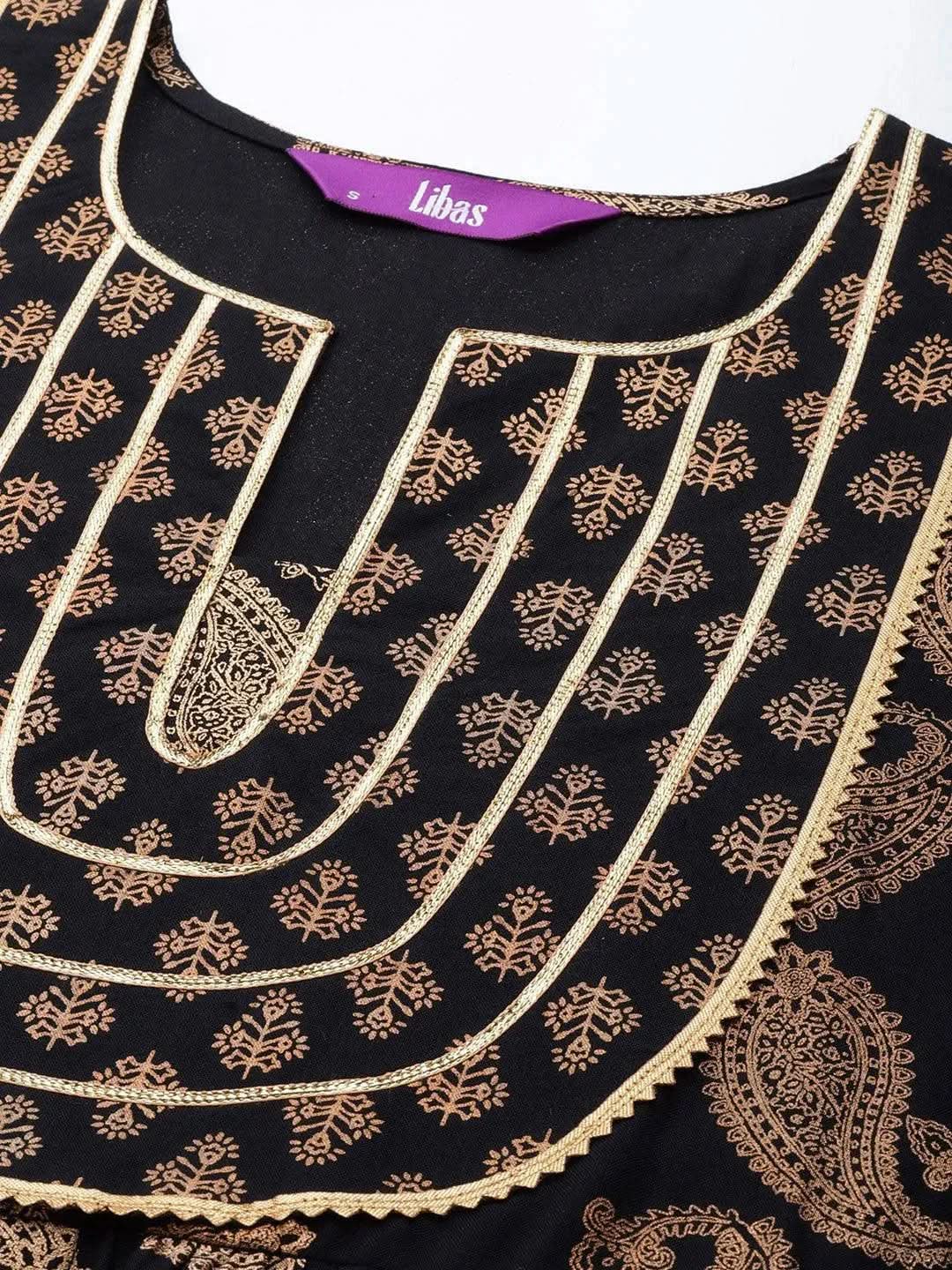 Black Printed Rayon Anarkali Suit Set With Trousers - Libas