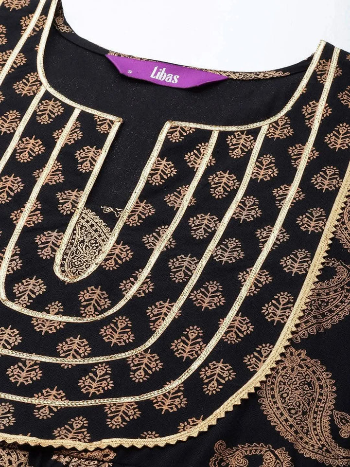 Black Printed Rayon Anarkali Suit Set With Trousers - Libas