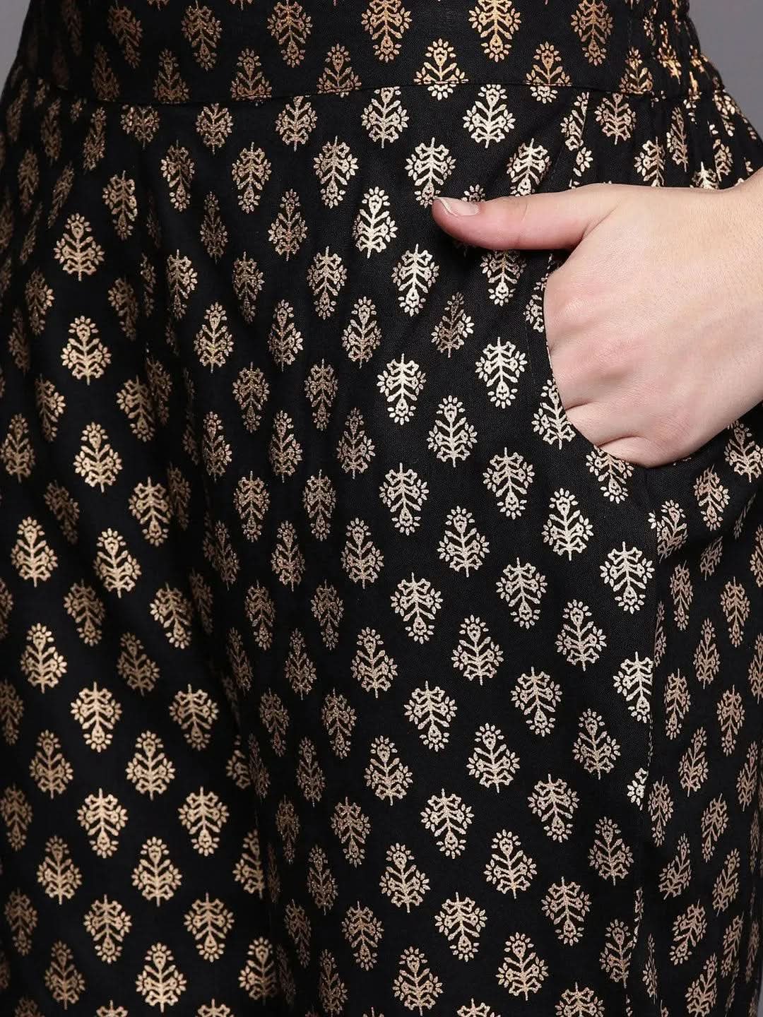 Black Printed Rayon Anarkali Suit Set With Trousers - Libas