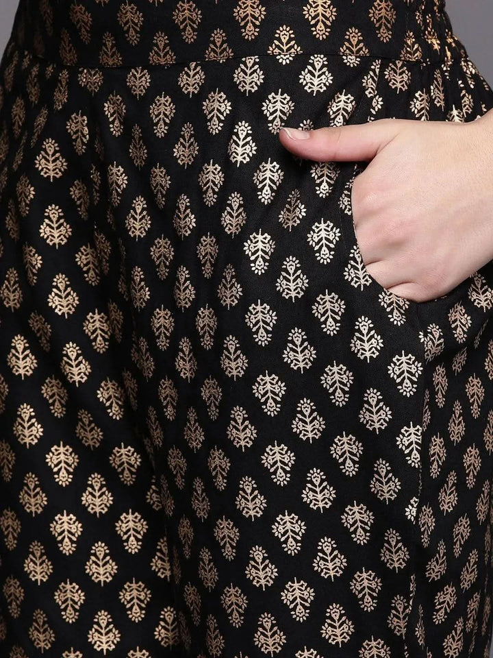 Black Printed Rayon Anarkali Suit Set With Trousers - Libas