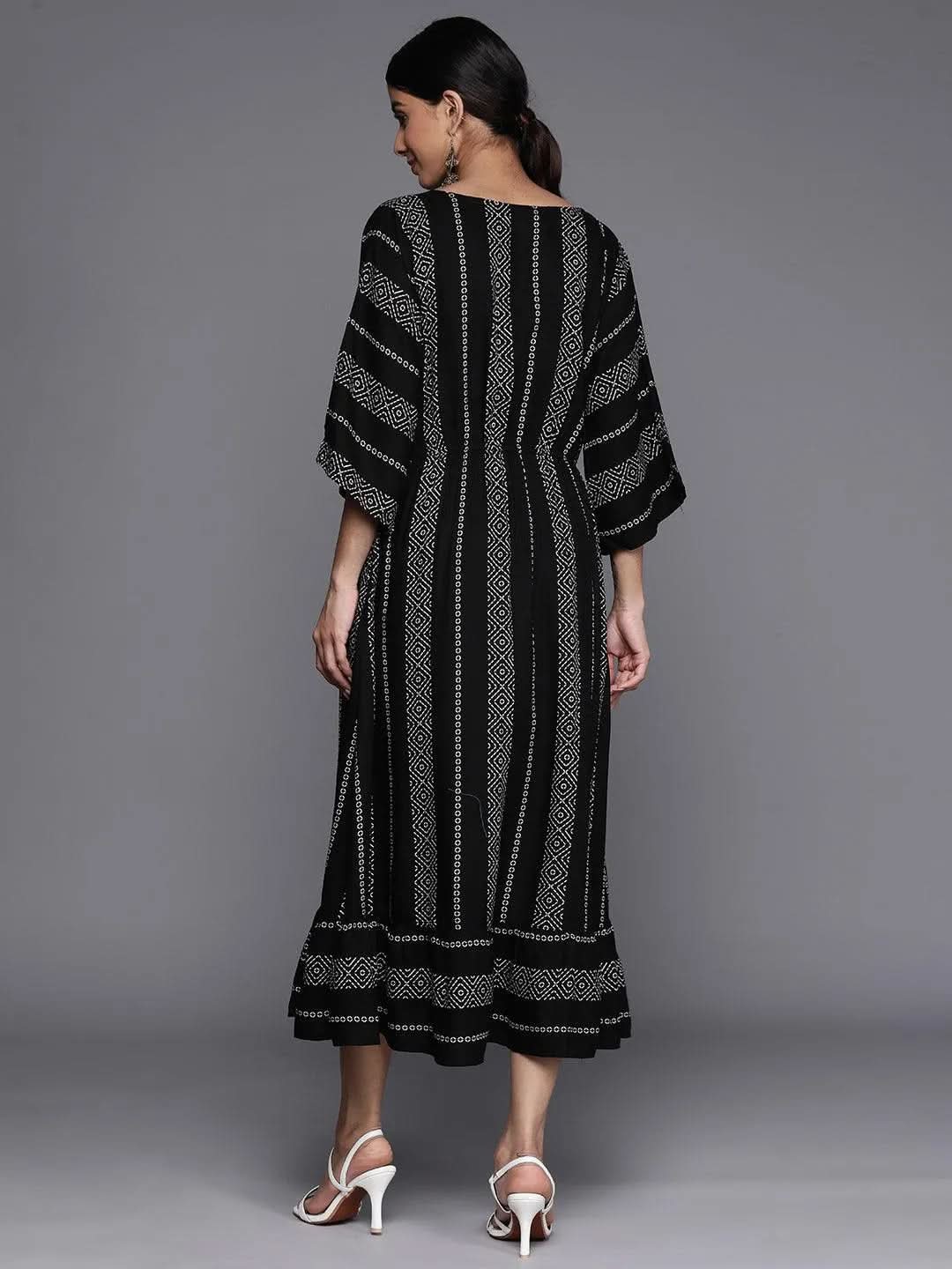 Black Printed Rayon Fit and Flared Dress
Black Printed Rayon Fit and Flared Dress